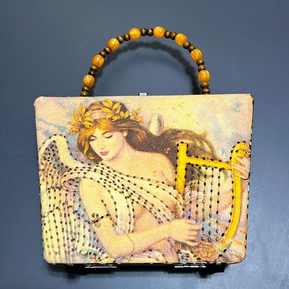 Very cool Vintage Cigar Box Bag beaded angel playing harp image wood bead handle - Picture 1 of 9
